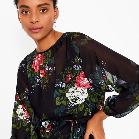 LOFT Dress Petite Black Floral Tie Waist Dark Romantic Size SP $89 - Picture 3 of 8